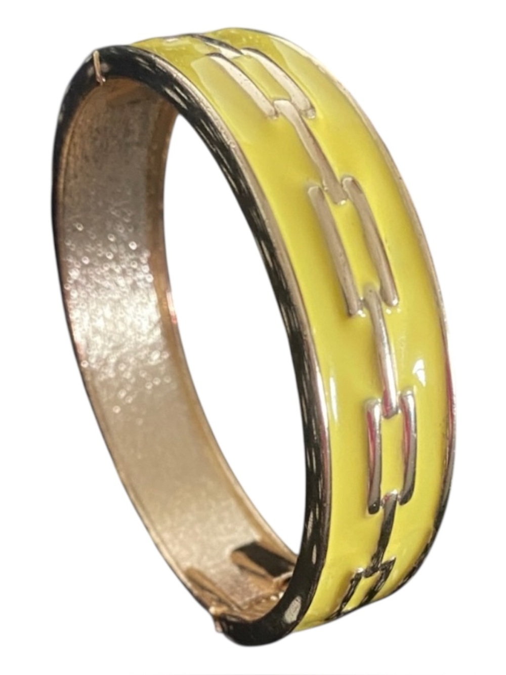 Vintage Yellow Enamel Gold Tone Hinged Bangle Bracelet Preppy Statement Cuff